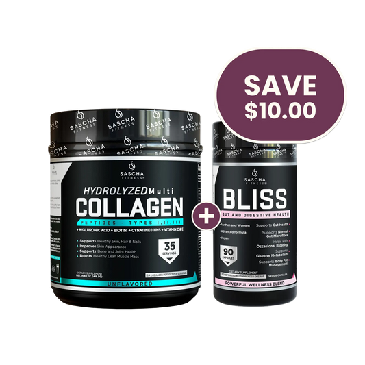 Two Sascha Fitness supplement containers, 'Hydrolyzed Multi Collagen' and 'Bliss', with a save $10.00 label on a white background.