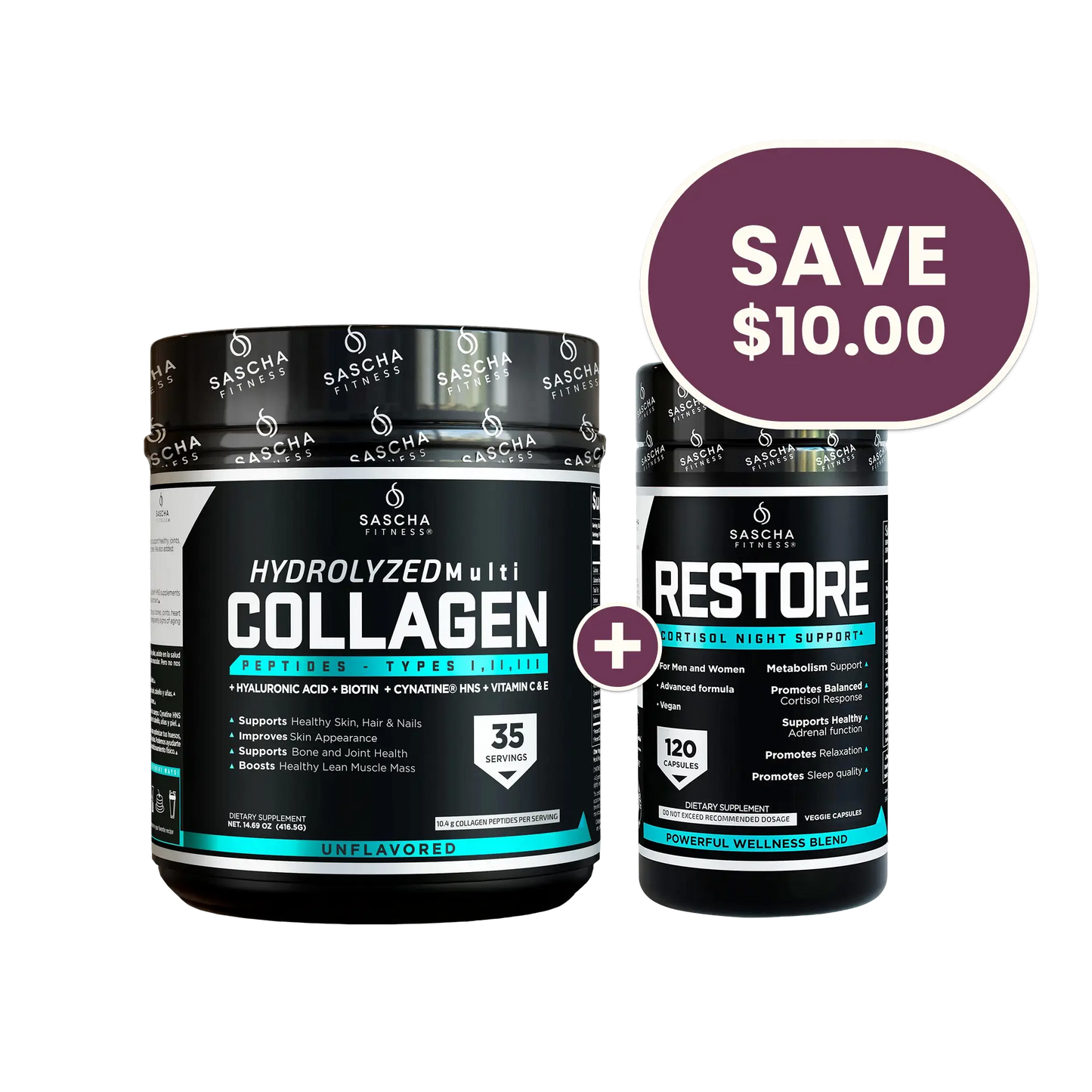 Two Sascha Fitness supplement containers, 'Hydrolyzed Multi Collagen' and 'Restore', with a save $10.00 label on a white background.